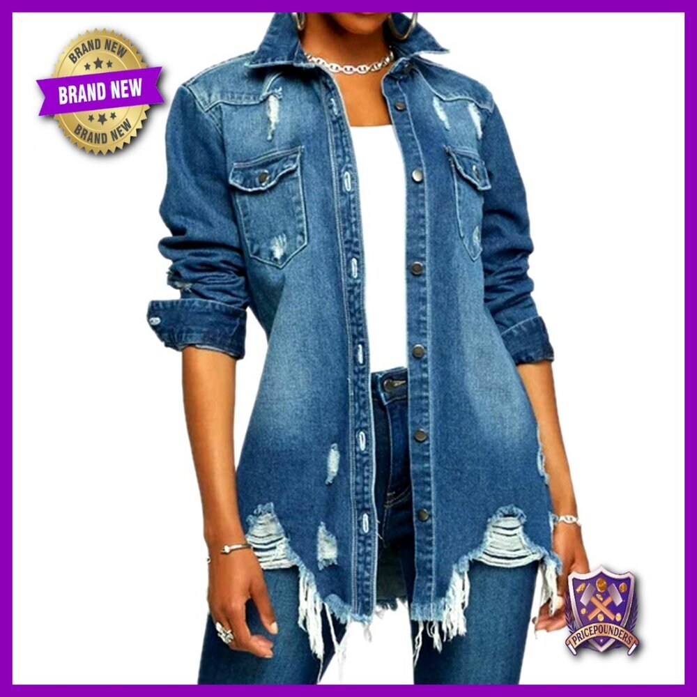 Distressed Denim Jacket Oversized Ripped Y2K Chic Button Down Long Sleeve - Picture 1 of 6